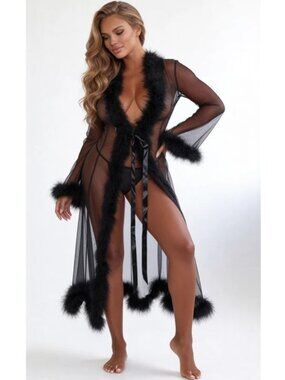 Be Wicked BW1650 Black Sheer Long Robe Dress with Faux Fur Trim, Sexy Mesh Cover